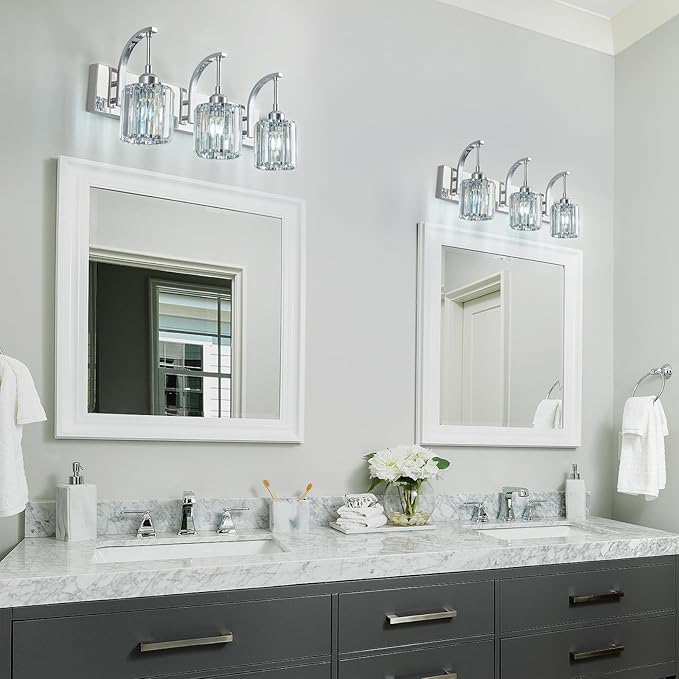3-Light Crystal Vanity Light, Modern Chrome Bathroom Wall Sconce with K9 Crystal Shades, 23.62" Long Over Mirror Lighting for Vanity, Makeup, Hallway, Elegant & Durable