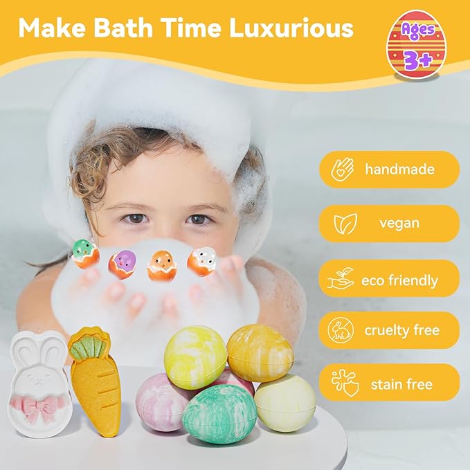 Kids Bath Bombs with Surprise Inside: 9 Pcs Natural Organic Egg Bunny Shaped Basket Stuffers for Kid Girls Boys Bubble Bathbombs Fruit Scented Spa Birthday Gift Set Party Favors Children 3+ Year Old