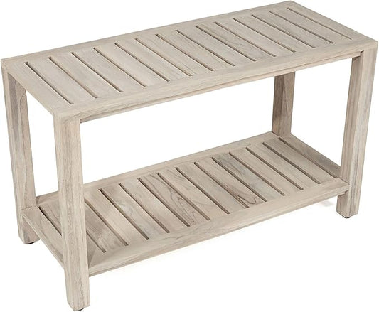 TeakCraft Teak Gray Shower Bench with Shelf 30 Inch for Bathroom, Spa - Fully Assembled, Shower Stool, Rustic Gray Finish The Ricina