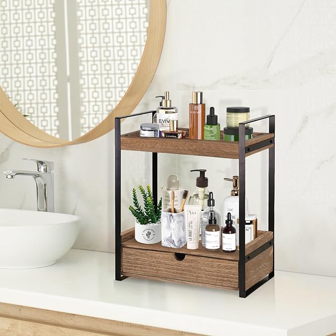 2-Tier Bathroom Organizer Countertop with Drawer, Wood Counter Shelf for Storage, Vanity Tray for Organization and Decor, Countertop Organizer for Bathroom, Kitchen, Office (Dark Brown)