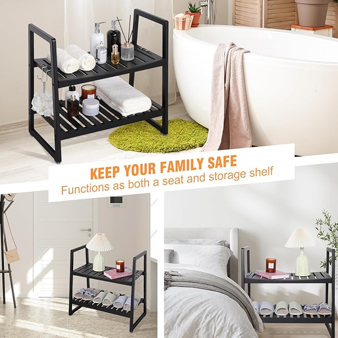 VVW 24.4 Inch Bamboo Shower Bench Seat Chair Stool with Arms for Inside Shower, Heavy Duty Spa Bath Chair with 2 Movable Hooks, Non-Slip Feet for Bathroom Accessories (Black L)