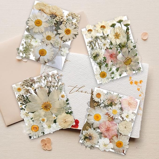 140PCS White Dried Pressed Flowers with Butterfly Stickers - YouthBro Real Nature Flowers Craft Set for Resin DIY Jewelry Candle Soap Vase Making Nail Card Scrapbook Art Floral Decors