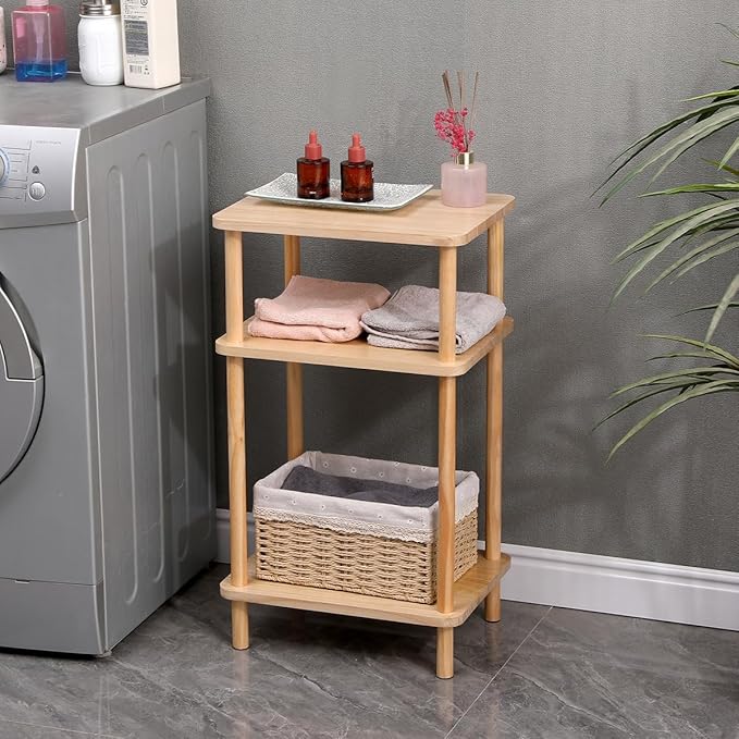 2 Pack Wooden Side Table, 3-Tier Narrow End Tables, Burlywood Nightstand Sofa Table Used for Living Room, Boho Small End Table with 3-Layer Storage Shelves for Bedroom (Set of 2)