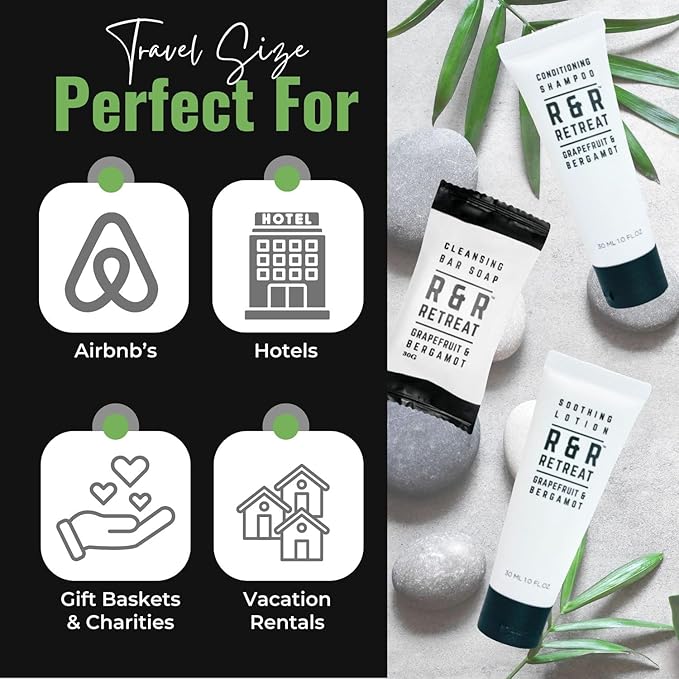 R&R Retreat Hotel Toiletry Sets - 30 Pre-Assembled 3-Piece Guest Amenities in Organza Bags - 2-in-1 Conditioning Shampoo, Body Lotion & Sachet-Wrapped Soap - Grapefruit & Bergamot Scent
