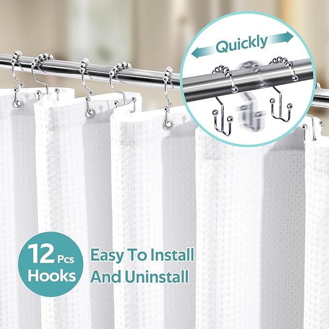 3 in 1 Shower Curtain Set, Waffle Shower Curtain and Liner Set with 12 Double Sided Shower Curtain Hooks, 258GSM Luxury Weighted Cloth Shower Curtains for Bathroom, 72 W x 84 H, White