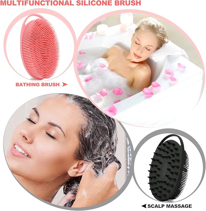 2 Pack Silicone Body Scrubber, Loofah Double-Sided Body Brush,Shower Scrubber and Scalp Massager Shampoo Brush for Sensitive Kids Women Men All Kinds of Skin (Black & Pink)
