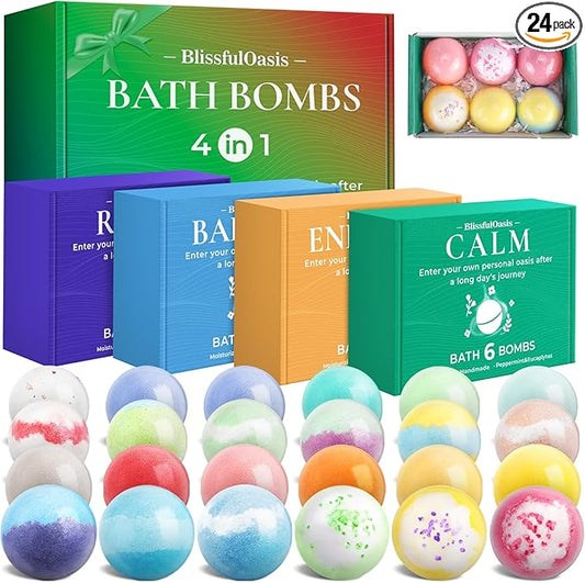 BlissfulOasis Bath Bombs Set, 24 Pcs Shower Bombs with 6 Refreshing Scents, Perfect for Moisturizing & Relaxing, Ideal for Birthday, Mother's Day, Valentine's Day Present Giving, Presents for Women