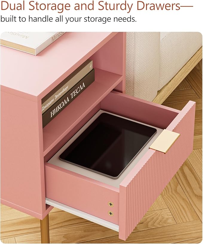 Masupu Night Stand,Mid-Century Modern Bedside Table with Storage Drawer and Open Wood Shelf,Small Gold Frame Side Table for Bedroom,Living Room, Pink