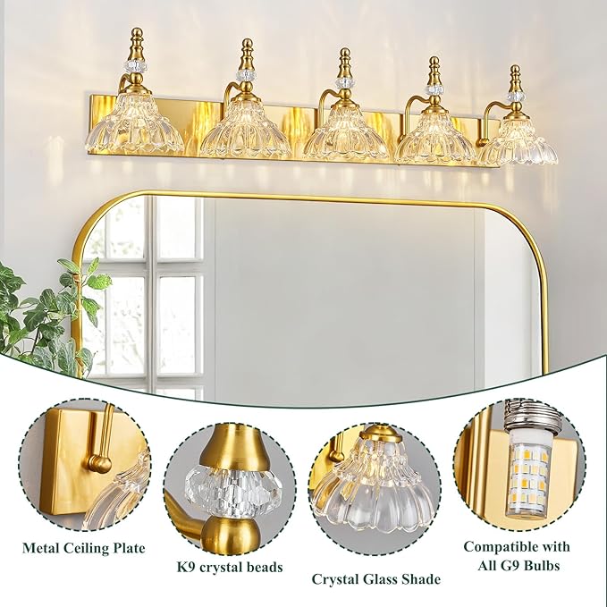 Vintage Bathroom Vanity Light, 5-Light Gold Vanity Lighting Fixture with Flower Glass Shade, Bathroom Lighting Fixtures Over Mirror