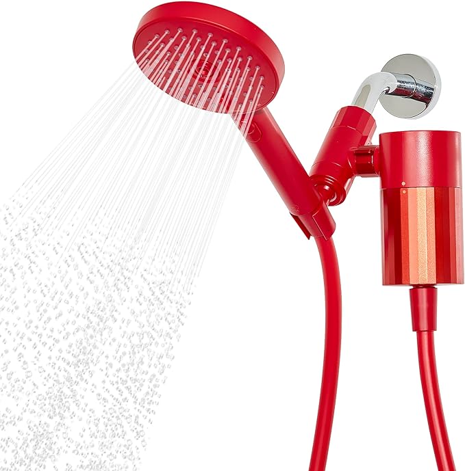 Sproos! - Handheld Showerhead with Filter Set, High Performance Filtration System for Healthier Hair and Skin, Extra Long 70 Inch Hose, 3 Customized Spray Functions, Red