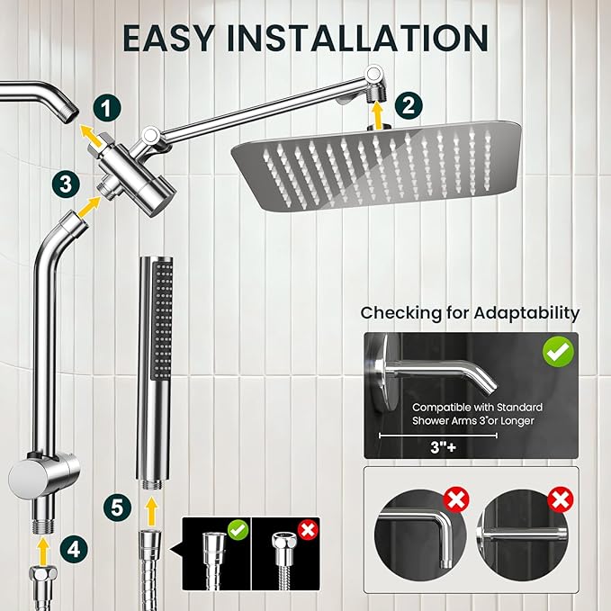 Veken 10" Luxurious All Metal Rain Shower Head with Handheld, High Pressure Rainfall Shower Heads wih Extension Arm, Wide Dual Showerhead with Spray Combo, Bathroom Accessories, Chrome, Silver