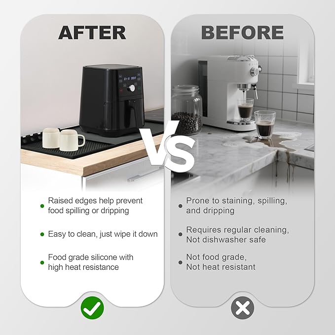 24x16 Inch Silicone Mat for Kitchen Counter, Kitchen Essentials and Gadgets - Silicone Air Fryer and Coffee Mat Set - Heat Resistant Mat for AirFryer, Microwave, Oven, Coffee Machine (Black)