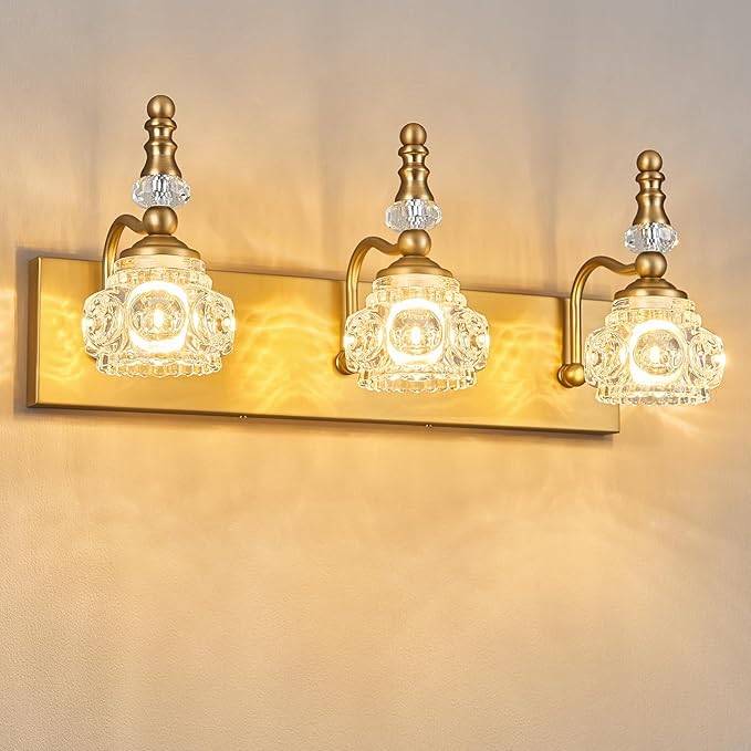 Modern Glass Crystal Vanity Light - Vintage Bathroom Lighting Fixtures Over Mirror, 3 Light Vanity Lights G9 Bulb (19.68 Inch,Brass)