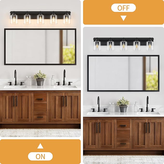 5 Light Modern Bathroom Light Fixtures Over Mirror, Black Vanity Lights for Bathroom Wall Sconces with Clear Glass Shades, E26 Socket (Bulbs Not Included)