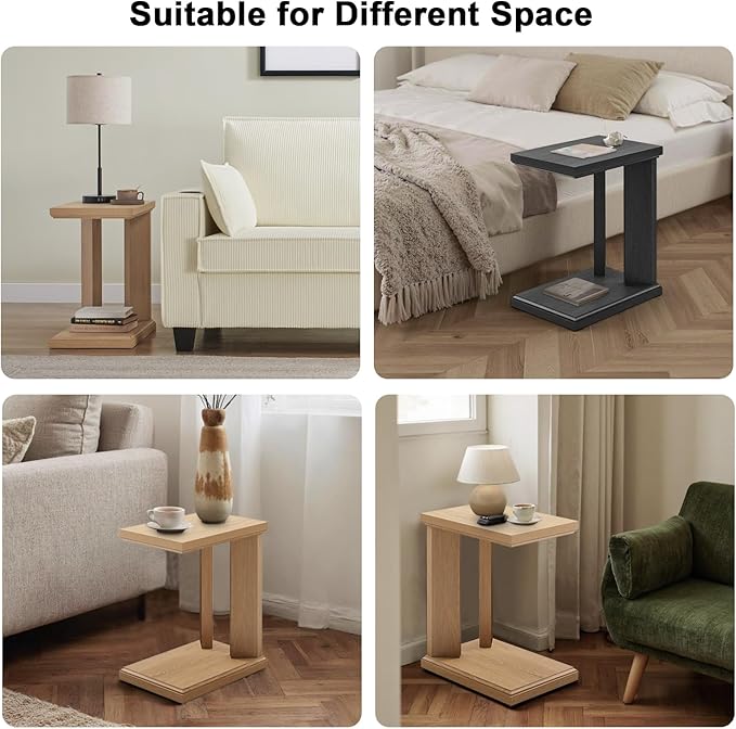 C Shaped End Table for Couch, 23.2'' High Small Side Table 2-Tier C Shaped Sofa Table for Small Narrow Spaces, Modern Nightstand for Bedroom, Living Room, Apartment, Home Office, Oak