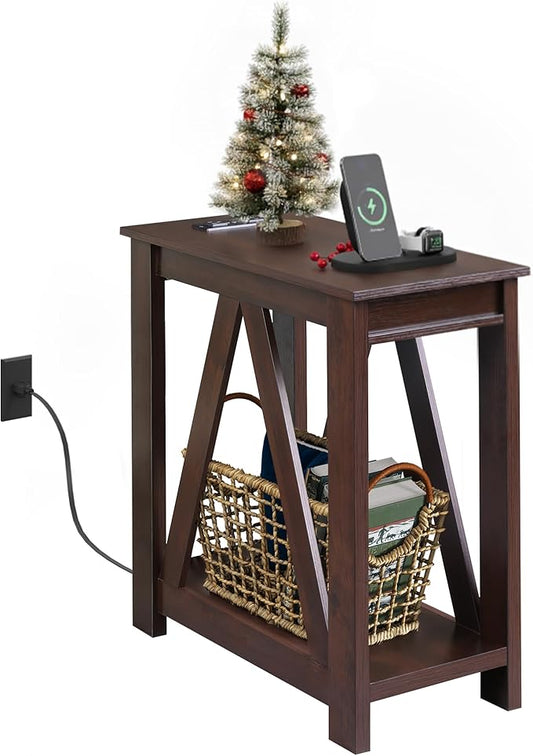WLIVE Narrow End Table with Charging Station of Open Storage Shelf，Sofa Side Table with 2 USB Ports and 2 Power Outlets，Slim Farmhouse End Table for Small Spaces, 11.8" D x 23.6" W x 23.74" H