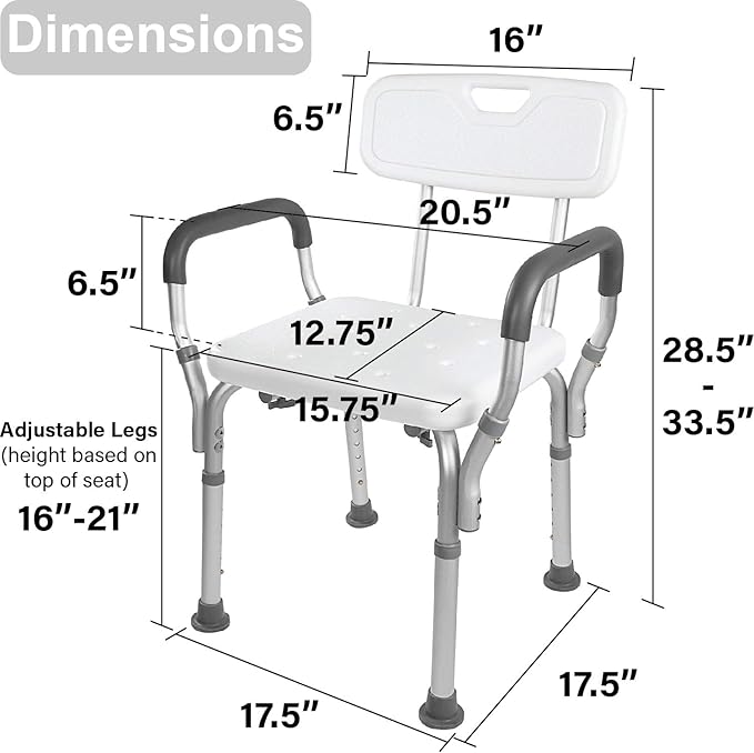 Vaunn Medical Deluxe Spa Shower Chair with Arms and Back, Bath Seat for Seniors, 350 lbs Max Weight, White With Light Gray Arms