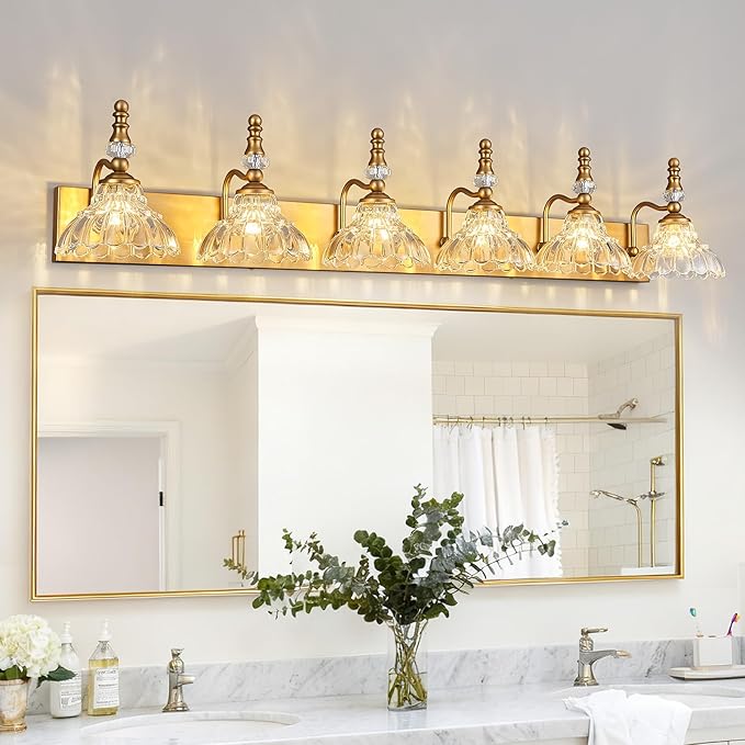 Vintage Bathroom Vanity Light, 6-Light Brass Vanity Lighting Fixture with Flower Glass Shade, Bathroom Lighting Fixtures Over Mirror
