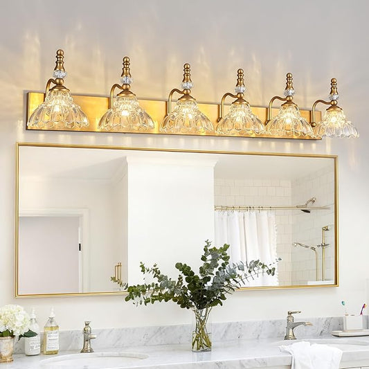 Vintage Bathroom Vanity Light, 6-Light Brass Vanity Lighting Fixture with Flower Glass Shade, Bathroom Lighting Fixtures Over Mirror
