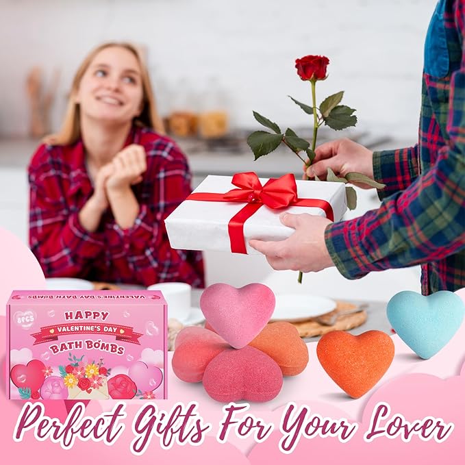 Valentine's Day Bath Bombs - 8PCS Bath Bomb for Women,8 Coloured Heart Shape,Valentine's Day Gifts for Girls Mom Family