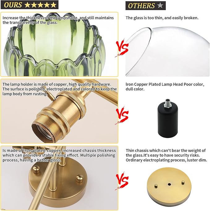 Bathroom Light Fixtures, 3-Light Brass Vanity Wall Light Over Mirror with Green Tulip Glass Shade for Bedroom Living Room (Bulb Not Included)