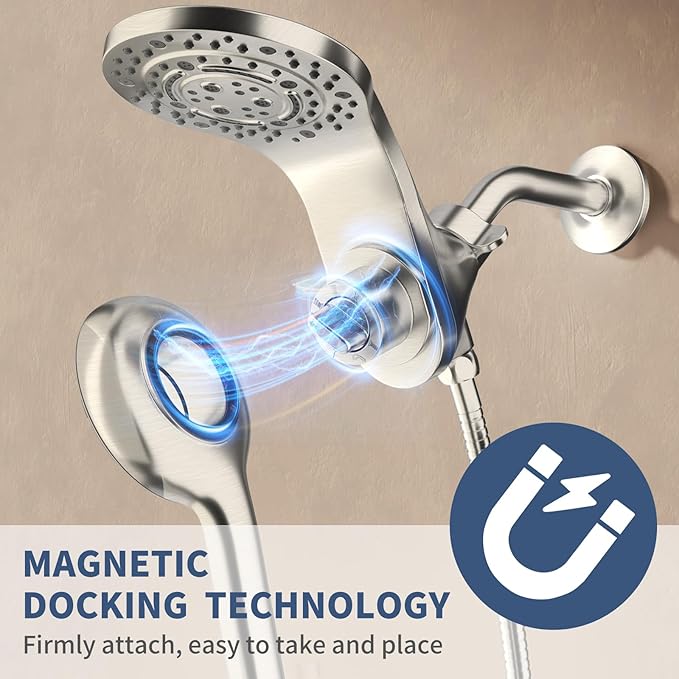 KAIYING Magnetic Rain Shower Head with Handheld Spray Combo, High Pressure Magnetix Dual Shower Head with 9 Spray Modes, Bathroom Big Modern Waterfall Showerhead with 5 Settings (Brushed Nickel)