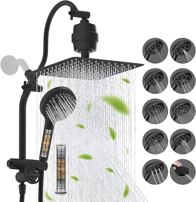 Hibbent Dual Filter All Metal 10"Rainfall Showerhead Combo, High Pressure Filter Shower Head with 10-Spray Mode Handheld, Innovative 4-way Diverter with Pause Mode, 71'' Shower Hose and Holder, Black