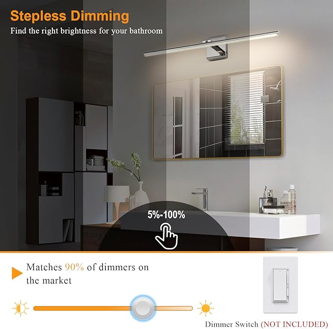 32 Inch LED Bathroom Vanity Light (3000K/4000K/6000K, Dimmable), Chrome Modern Bathroom Light Fixture Over Mirror, Vanity Light Bar with Angle Adjustable