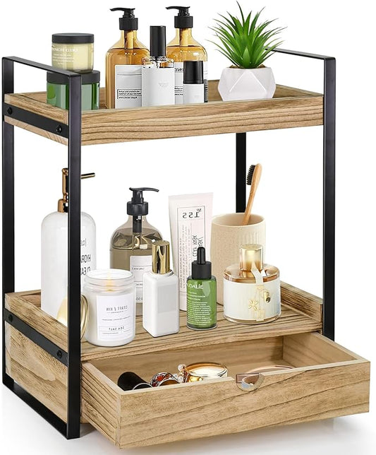 2-Tier Bathroom Organizer Countertop with Drawer, Wood Counter Shelf for Storage, Vanity Tray for Organization and Decor, Countertop Organizer for Bathroom, Kitchen, Office (Brown)