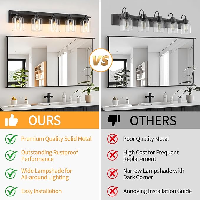 5 Light Modern Bathroom Light Fixtures Over Mirror, Black Vanity Lights for Bathroom Wall Sconces with Clear Glass Shades, E26 Socket (Bulbs Not Included)