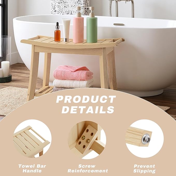Bamboo Shower Bench Stool,24" Shower Chair Seat Non-Slip,Waterproof Bathroom Bench with Storage Shelf for Adults,Elderly, Disabled Indoor&Outdoor Use (Natural)