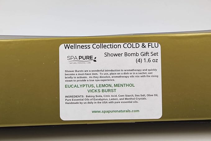 SPAPURE Wellness Collection EUCALYPTUS/LEMON MENTHOL: Aromatherapy Fizzing Shower Bombs (4 Count) Pack of 1.