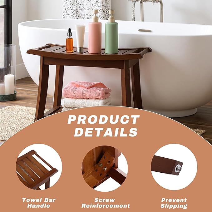 Bamboo Shower Bench Stool,24" Shower Chair Seat Non-Slip,Waterproof Bathroom Bench with Storage Shelf for Adults,Elderly, Disabled Indoor&Outdoor Use (Walnut)