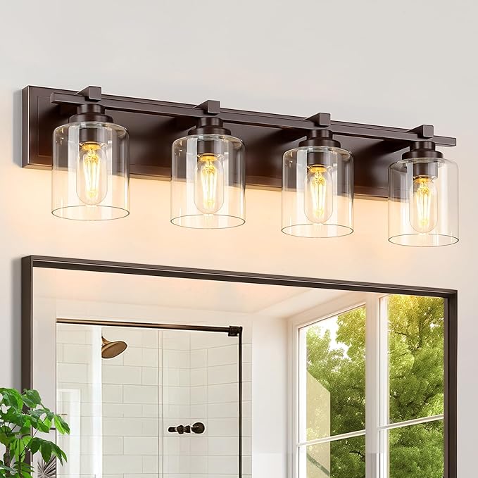 4 Light Modern Bathroom Light Fixtures Over Mirror, Bronze Finish Vanity Lights for Bathroom Wall Sconces with Clear Glass Shades, E26 Socket (Bulbs Not Included)