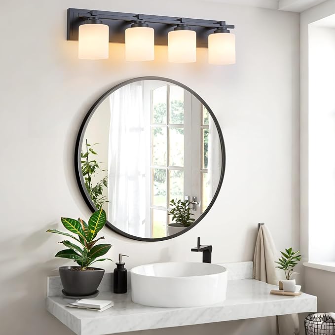4 Light Modern Bathroom Light Fixtures Over Mirror, Black Vanity Lights for Bathroom Wall Sconces with Milky White Glass Shades, E26 Socket (Bulbs Not Included)