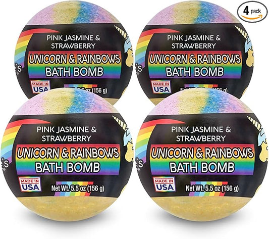 Nature's Beauty Unicorns & Rainbows, Pink Jasmine & Strawberry Scent Bath Bomb for Kids Multi-Pack - Natural, Non-Staining, Fun Bubbly Fizzy Spa Bomb, Made w/Coconut Oil + Witch Hazel, 5.5oz (4 Pack)