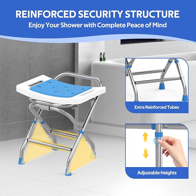 Folding Shower Seat - Stainless Steel Shower Chair for Inside Shower - 420lbs Height Adjustable Foldable Shower Stool - Portable Travel Collapsible Bath Bench for Elderly, Handicap & Disabled (White)
