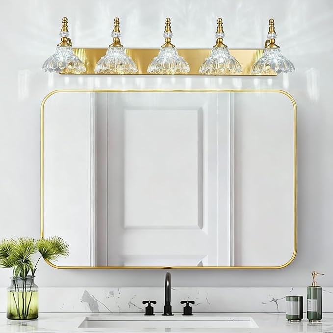 Vintage Bathroom Vanity Light, 5-Light Gold Vanity Lighting Fixture with Flower Glass Shade, Bathroom Lighting Fixtures Over Mirror