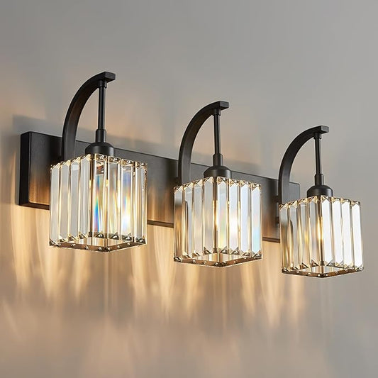 Crystal Vanity Lights 3-Light Black Bathroom Vanity Lights Modern Crystal Bathroom Light Fixtures Over Mirror 23.62" Long Vanity Light for Bathroom