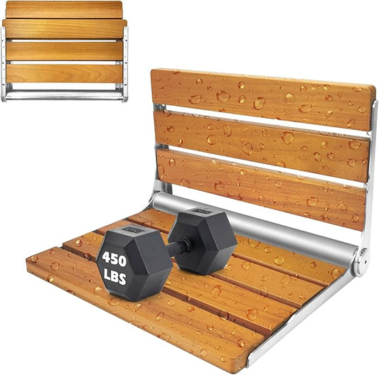Folding Shower Seat Teak, Folding Shower Seat Wall Mounted, Foldable Shower Chair for Home Care, 450 lbs Capacity (Stainless Steel, 13'' D x 17'' W x 10'' H)