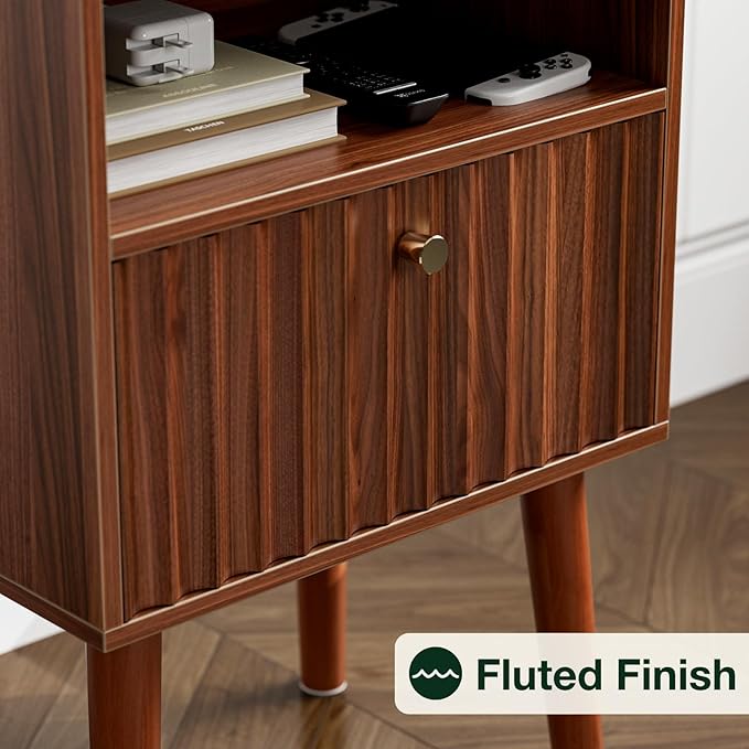 Side Table with Charging Station, Modern End Table with Fluted Drawer, Bedside Table, Night Stand with 2 Tiers Storage Space, for Bedroom, Living Room, Walnut