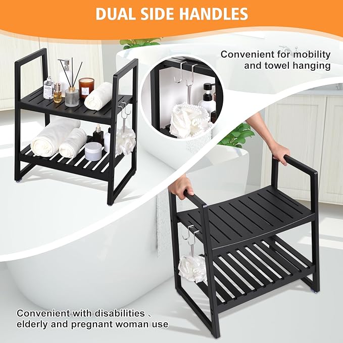 VVW 21.6 Inch Bamboo Shower Bench Seat Chair Stool with Arms for Inside Shower, Heavy Duty Spa Bath Chair with 2 Movable Hooks, Non-Slip Feet for Bathroom Accessories (Black)