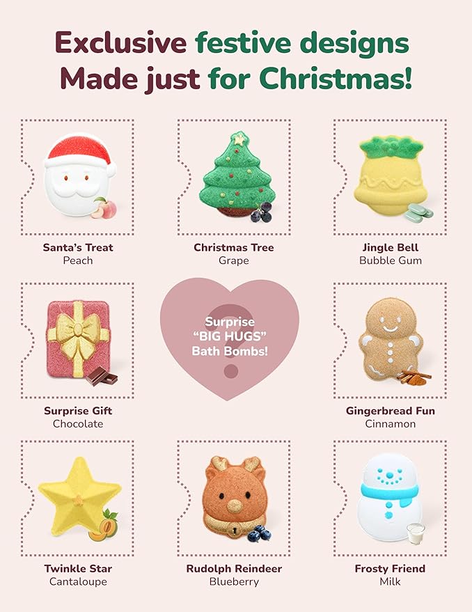 Momcozy & BIG HUGS 14Pcs Christmas Bath Bombs Set of Countdown Calendar Mystery Box, 14 Days of Surprise Bath Bombs & Family Fun, Ideal Christmas Gifts for Kids Boys Girls Toddlers