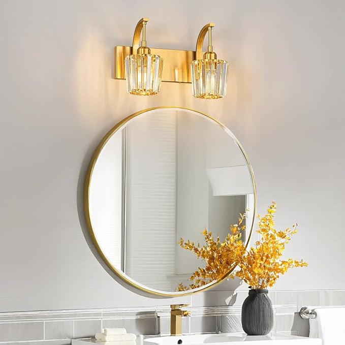Modern Bathroom Vanity Light, 2-Light Gold Wall Sconce with Crystal Accents, Over Mirror Bathroom Lighting Fixture, 13.77" Long Dimmable Vanity Lamp for Makeup, Easy Installation