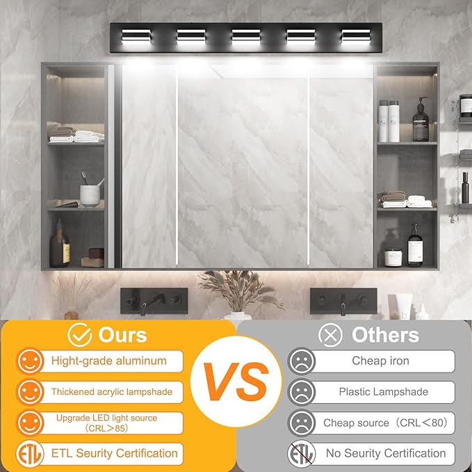 Ralbay Black Vanity Light Fixtures 40.5inch 5-Light Acrylic Modern LED Matte Black Bathroom Wall Vanity Lighting Fixtures Over Mirror