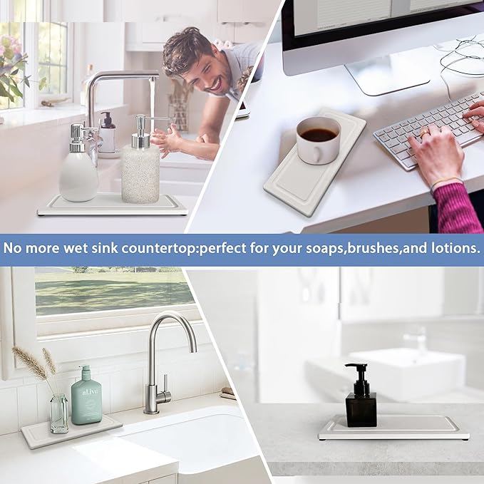 2 PCS Fast-Drying Stone Trays for Bathroom Sink & Kitchen Counter, Water Absorbing Diatomite Sink Coasters, Vanity Tray, Hand Soap Holder with Anti-Skid Pads (9.5" x 4.7" White)