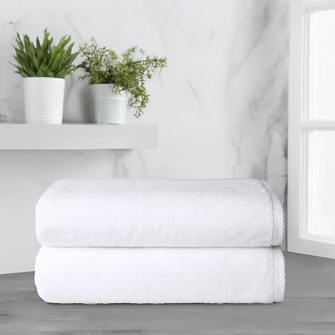 Amazon Basics 2 Piece Quick-Dry Oversize Bath Towel, 100% Cotton, White, 54" x 30" (Pack of 12)