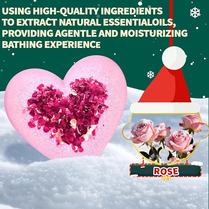 Christmas Bath Bombs Stocking Stuffers for Women Mom Her Gifts Set, Organic Heart Shaped White Elephant Gifts for Adults, Handmade Natural with Rose Essential Oil, Perfect Teen Girl Gifts for Wife