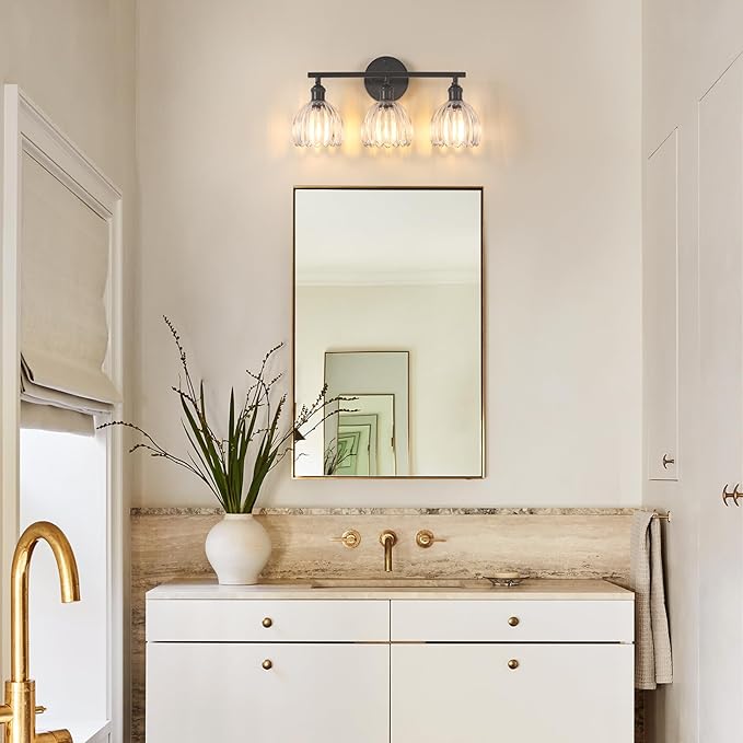 Bathroom Light Fixtures, 3-Light Black Vanity Wall Light Over Mirror with Clear Tulip Glass Shade for Bedroom Living Room (Bulb Not Included)