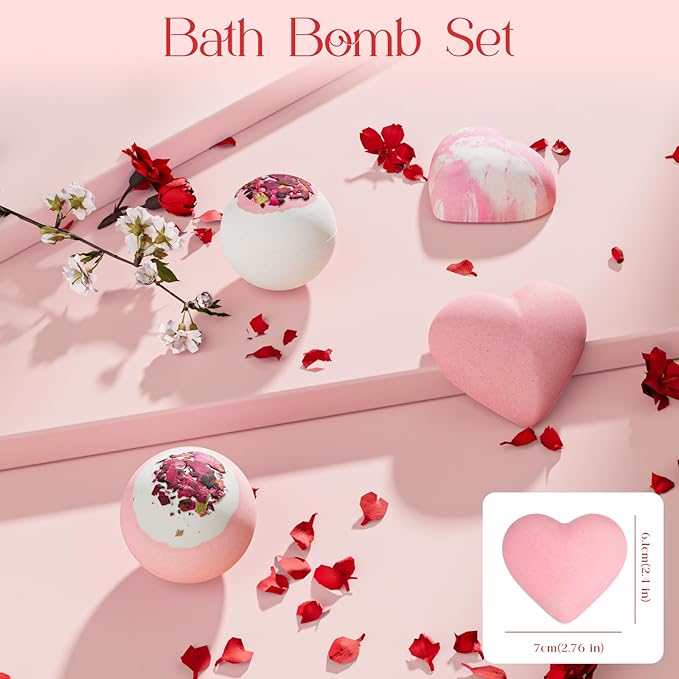 Valentines Bath Bombs Shower Steamers: Handmade Natural Bath Balls with Surprise for Women Gift Set - Relaxing Bubble Bathbombs Scented Rose Hearts Flower Romantic Birthday for Girls Kids Mom